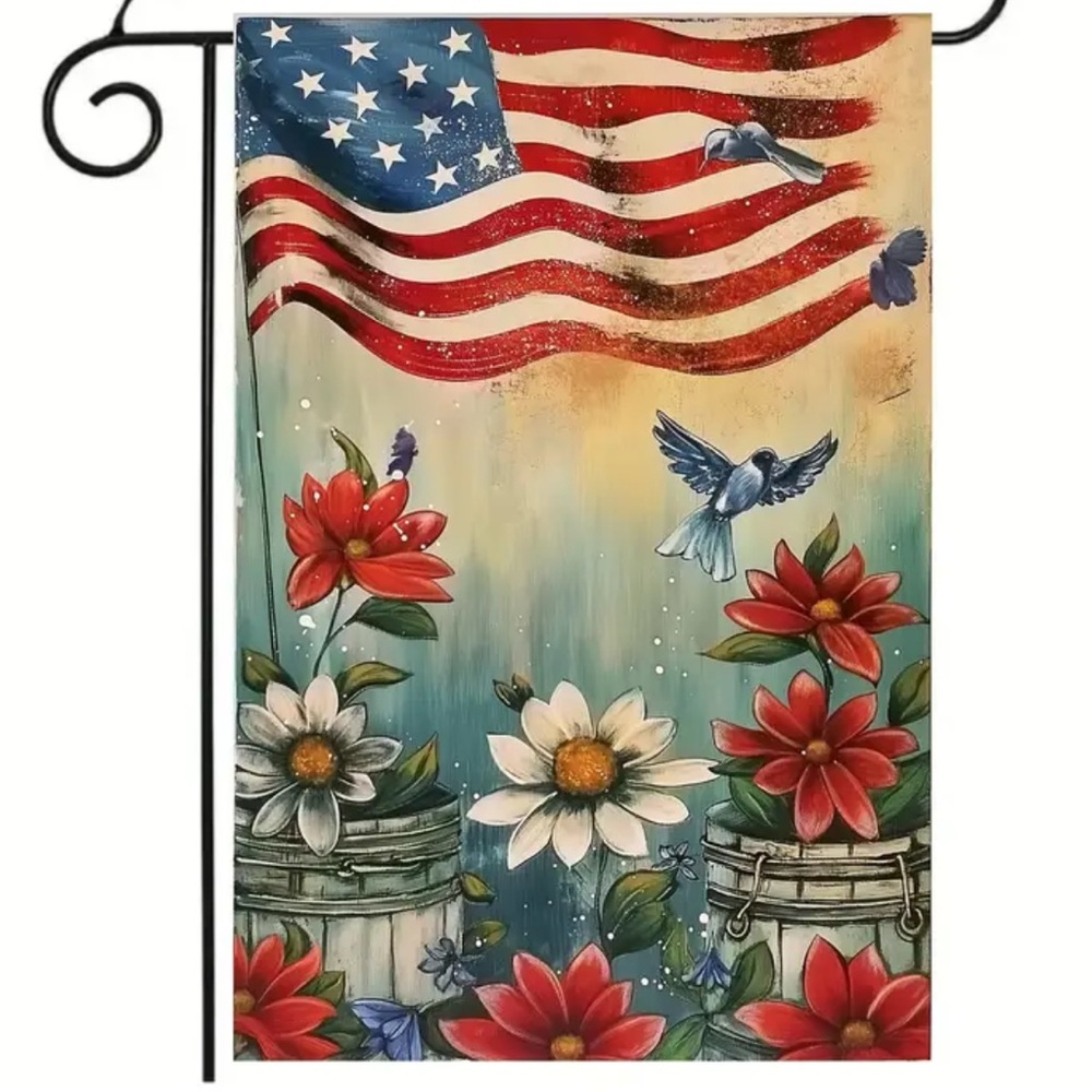 NIP Burlap Flag & Florals Double Sided Garden Flag 1pc, 12” x 18” 4th of July